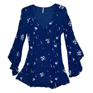 Free People Navy Blue Floral Embroidered Mini Dress Bell Sleeve V Neck Size 8